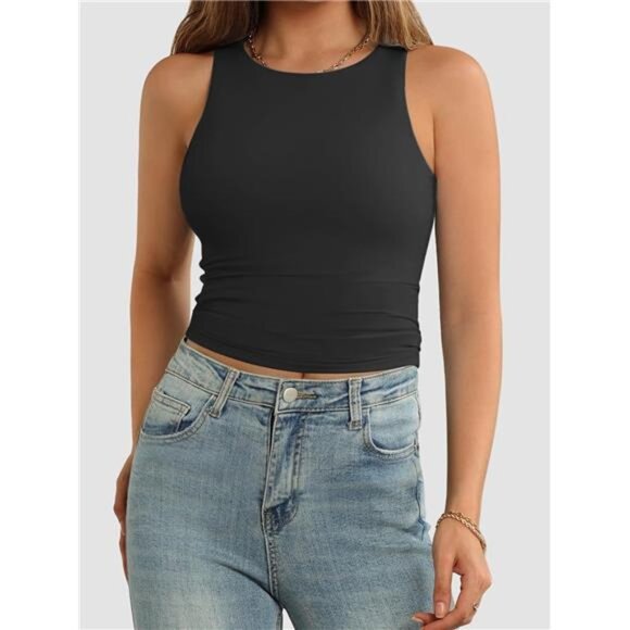 Women's High Neck Racerback Crop Tank – Stretchy Sleeveless Workout & Casual Top - Picture 2 of 5